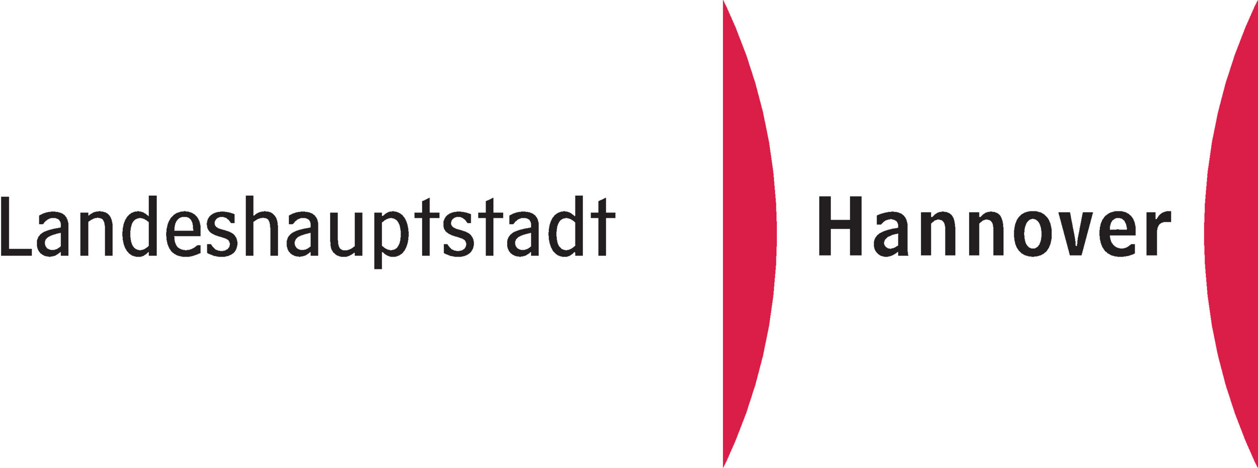 "Landeshauptstadt" ein roter Strich der sich nach rechts zu einem Kreissausschnitt entwickelt. Daneben steht "Hannover" und die rote Form ist etwas kleiner zu sehen.