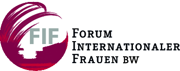 Ein dunkelroter Kreis der nach rechts hin aufgeht. In ihm steht in grau-grün FIF. Daneben steht Forum Internationaler Frauen BW