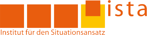 Das Logo von ista: Es sind vier Quadrate zu sehen, die ersten drei sind orange. Das Vierte ist gelb und wird oben mittig von einem kleineren, über es herausragendes oranges Quadrat verdeckt. Unter den Quadraten steht Institut für den Situationsansatz. Rechts daneben steht "ista" Die Schrift ist auch orange.